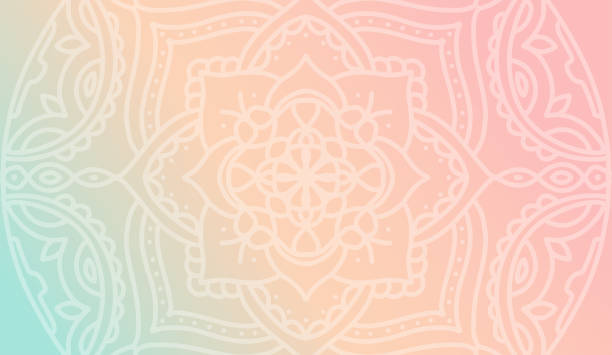 marzycielski brzoskwiniowy różowy gradient tapety z wzorem mandali. wektorowe tło poziome do plakatu medytacyjnego, baner do szkoły jogi - flower flourishes paint backgrounds stock illustrations
