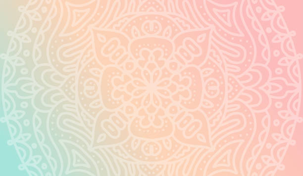 ilustrações de stock, clip art, desenhos animados e ícones de dreamy tender gradient wallpaper with mandala pattern. vector horizontal background for meditation poster, banner for yoga school - posing