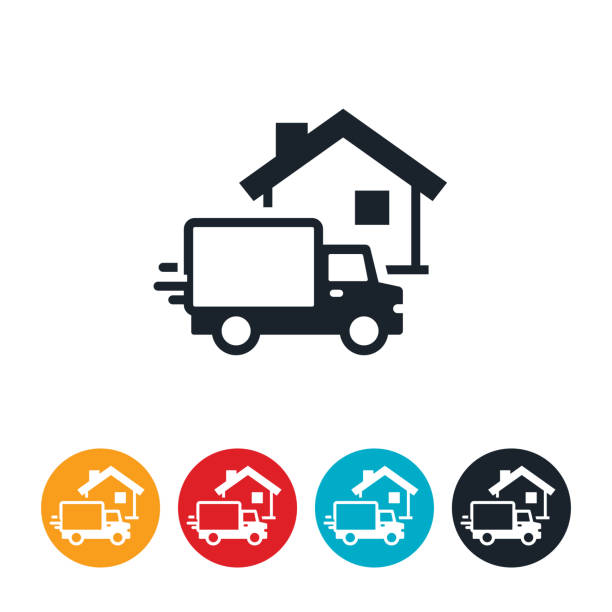 Delivery Truck At House Icon An icon of a delivery truck speeding to a house to make a delivery. moving van stock illustrations