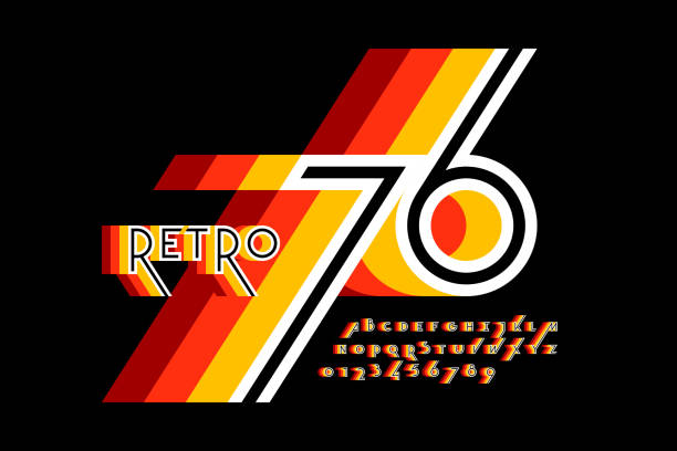 Retro style colorful font design, alphabet letters and numbers, vector illustration