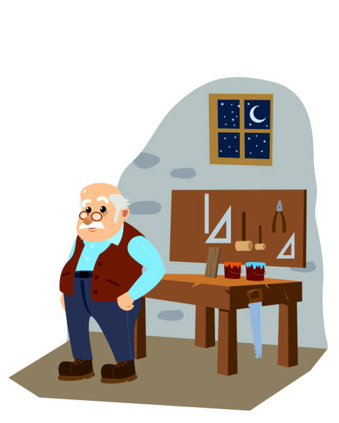 Master Gepetto in the Carpenter Atelier. Master Gepetto in the Carpenter Atelier. White Background Isolated pinocchio illustrations stock illustrations