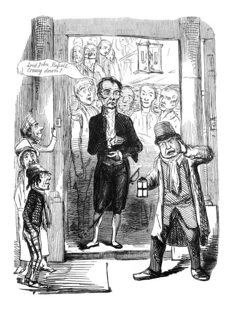 British satire comic cartoon caricatures illustrations - Lord John Russell walking through a doorway From Punch's Almanack john russell stock illustrations