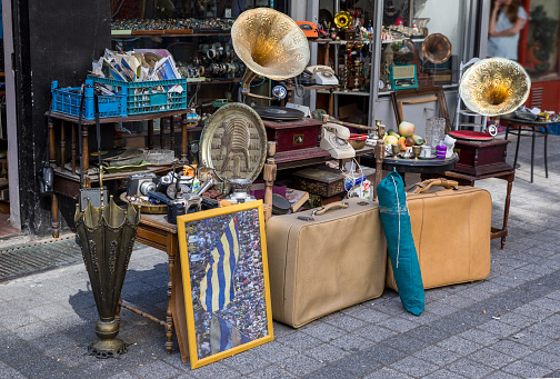 Antique shop. Gramophones and phones. Antique street. May 16, 2016 Istanbul Turkey