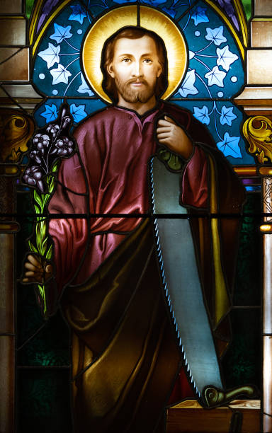 Saint Joseph Kosice, Slovakia. 2019/7/4. A stained-glass window depicting Saint Joseph. Displayed in the Roman Catholic Archbishop's office. stained glass photos stock pictures, royalty-free photos & images