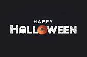 Happy Halloween Text With Pumpkin and Ghost Over Black Background