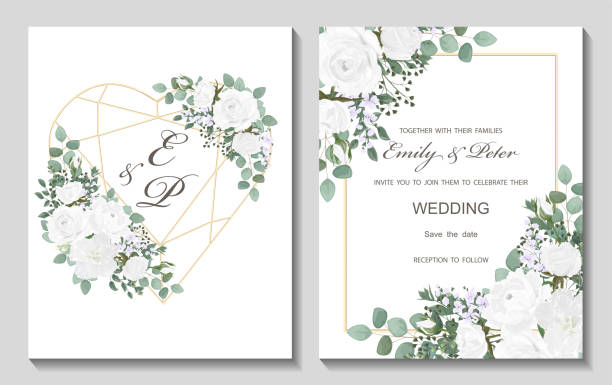 꽃 모란과 잎, 수채화, 흰색에 고립 된 결혼식 초대장. - valentine card rose plant blossom stock illustrations