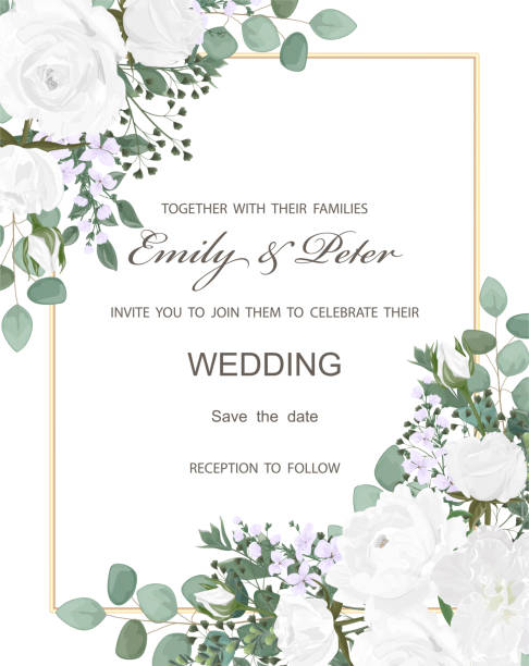 꽃 모란과 잎, 수채화, 흰색에 고립 된 결혼식 초대장. - valentine card rose plant blossom stock illustrations