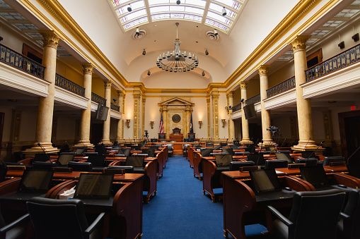 Frankfort, Kentucky/ USA - August 8th, 2019.  Interior of the State Senate Chambers in the Kentucky State Capitol Building.