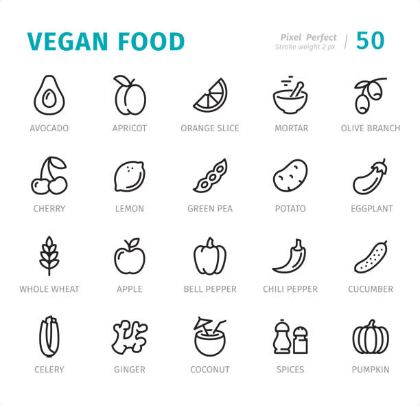ilustraciones, imágenes clip art, dibujos animados e iconos de stock de comida vegana - pixel iconos de línea perfectos con subtítulos - nectarine