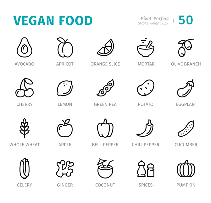 Vegan Food - 20 Outline Style - Single line icons with captions / Set #50 / Designed in 48x48pх square, outline stroke 2px.

First row of outline icons contains:
Avocado, Apricot, Orange Slice, Mortar, Olive Branch;

Second row contains:
Cherry, Lemon, Green Pea, Potato, Eggplant;

Third row contains:
Whole Wheat, Apple, Bell Pepper, Chili Pepper, Cucumber;

Fourth row contains:
Celery, Gringer, Coconut, Spices, Pumpkin.

Complete Signico collection - https://www.istockphoto.com/collaboration/boards/VT_7sDWo80OLh7foVxchBQ