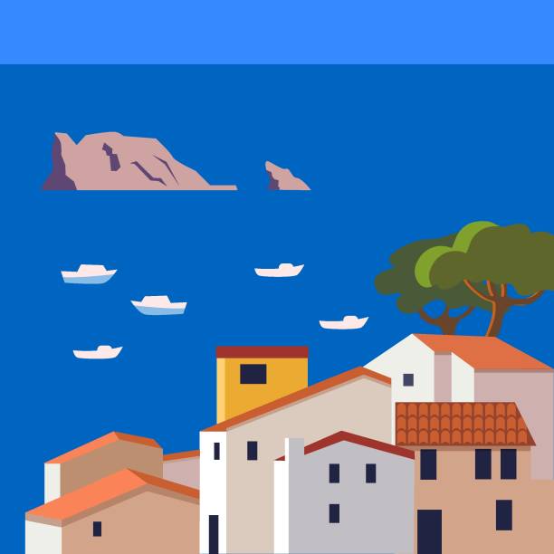 Mediterranean landscape with old town and sea flat style vector illustration beautiful spanish town on the coast with fishing boats spain illustrations stock illustrations