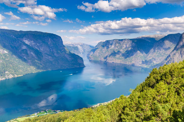 panoramic view stegastein in aurland, sogn og fjordane, norway - aurlandfjord imagens e fotografias de stock