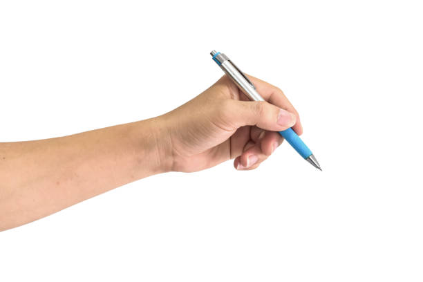istock Man's hand holding pen and writing isolated on white background. with clipping path 1169836700