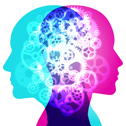 A Male and Female side silhouette profile overlaid with various semi-transparent Machine Gears shapes.