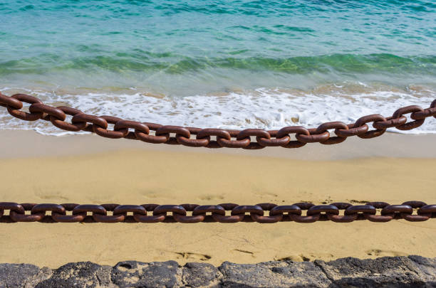 istock Thick rusty chains with the sea in the background 1169848490