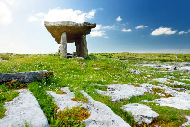 Photo of Poulnabrone dolmen, a Neolithic portal tomb, tourist attraction located in the Burren, County Clare, Ireland