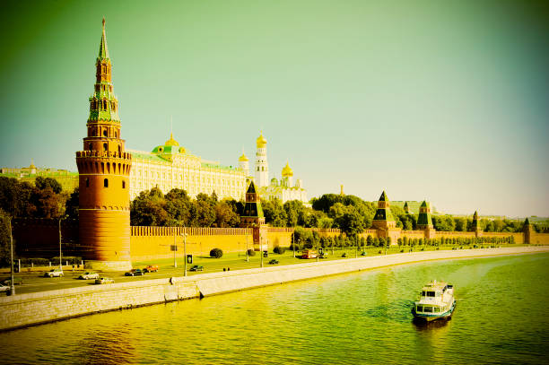 View of the Moscow Kremlin, the residence of Russian tsars and presidents, from the embankment. Retro style