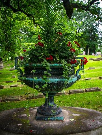 Vintage, Gothic, large flower urn in a cemetery overflowing with beauty and dripping with flora