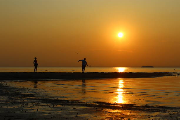 istock Idyllic sunset on sea coast. People on summer beach. 1169859471