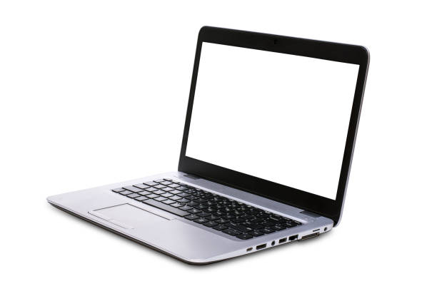 istock Perspective view of Laptop computer with blank screen isolated on white background. Clipping Path include in this image. 1169861745