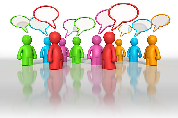 3D colored people with empty speech bubbles above stock photo