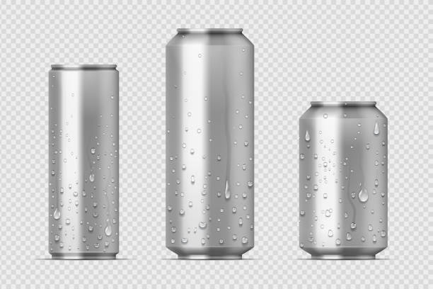 Realistic metal cans. Aluminum bear soda and lemonade cans with water drops, energy drink mockup. Vector isolated set Realistic metal cans. Aluminum bear soda and lemonade cans with water drops, energy drink blank mockup. Vector isolated set canned beverages with water condensation on transparent background drink can stock illustrations