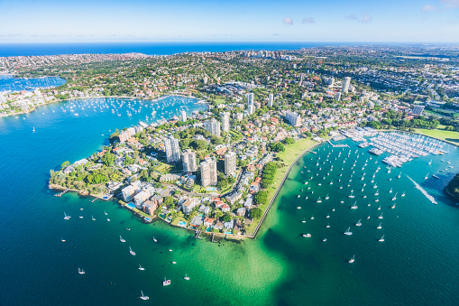 Aerial view of sydney shoreline from a helicopter,NSW,Australia.