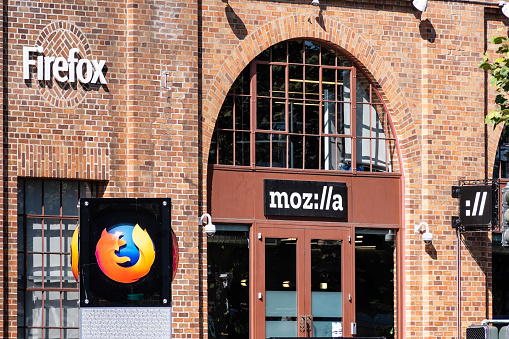August 21, 2019 San Francisco / CA / USA - Mozilla office building, displaying the Firefox logo and symbol and the stylized company name ( moz://a ); Mozilla is a free software community