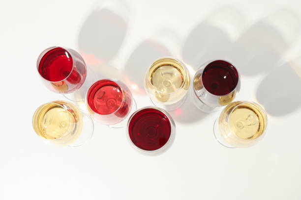 istock Flat lay composition. Glasses with different wine on white background, top view 1169874675