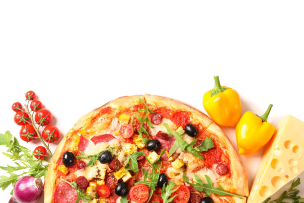 istock Tasty pizza and ingredients isolated on white background 1169875439