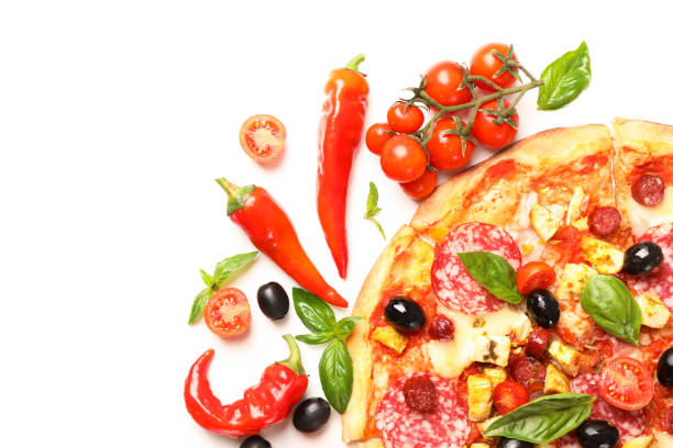 istock Delicious pizza and ingredients isolated on white background. Flat lay 1169875806
