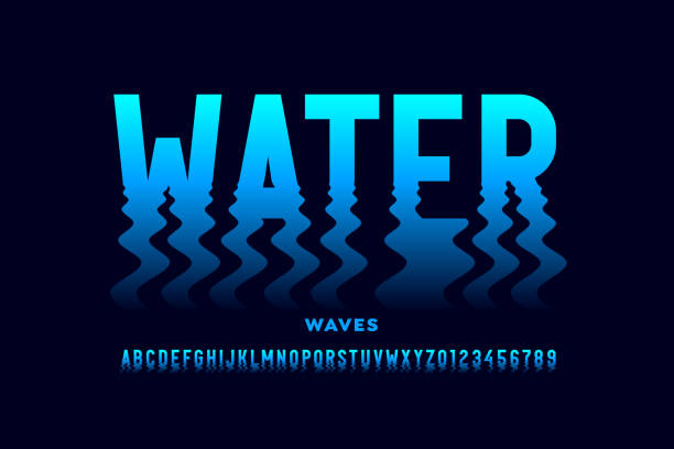 illustrazioni stock, clip art, cartoni animati e icone di tendenza di carattere in stile onde d'acqua - alphabet blue typescript single word