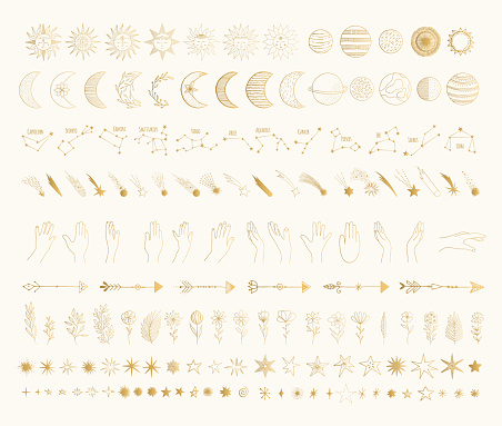 Big golden galaxy bundle with sun, moon, crescent, shooting star, planet, comet, arrow, constellation, zodiac sign, hands. Hand drawn vector isolated illustration.