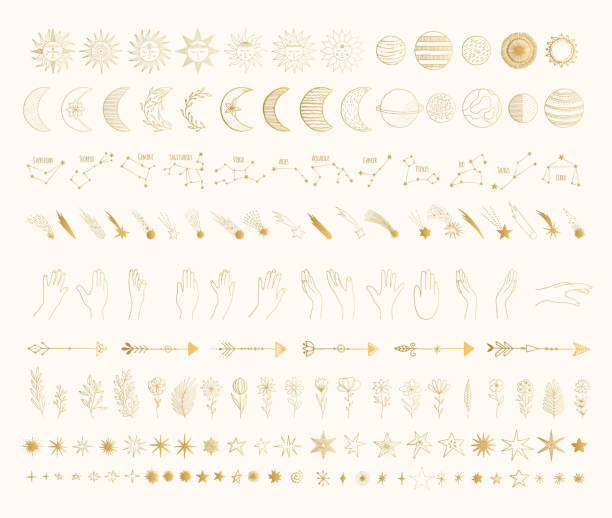 Big golden galaxy bundle with sun, moon, crescent, shooting star, planet, comet, arrow, constellation, zodiac sign, hands. Hand drawn vector isolated illustration. Big golden galaxy bundle with sun, moon, crescent, shooting star, planet, comet, arrow, constellation, zodiac sign, hands. Hand drawn vector isolated illustration. tattoo drawings stock illustrations