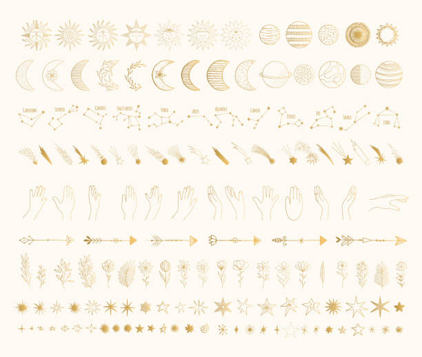 Big golden galaxy bundle with sun, moon, crescent, shooting star, planet, comet, arrow, constellation, zodiac sign, hands. Hand drawn vector isolated illustration. Big golden galaxy bundle with sun, moon, crescent, shooting star, planet, comet, arrow, constellation, zodiac sign, hands. Hand drawn vector isolated illustration. sun tattoos stock illustrations