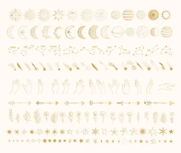 Vector illustration of Big golden galaxy bundle with sun, moon, crescent, shooting star, planet, comet, arrow, constellation, zodiac sign, hands. Hand drawn vector isolated illustration.