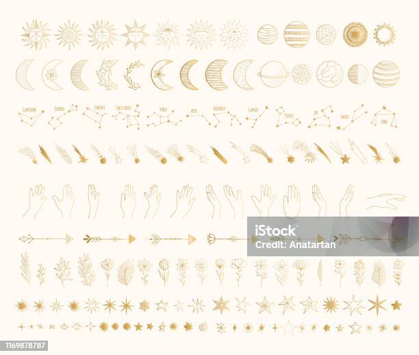 大金星系捆綁與太陽月亮新月流星行星彗星箭頭星座生肖符號手手繪向量隔離插圖向量圖形及更多月亮圖片 - 月亮, 星型, 星座符號