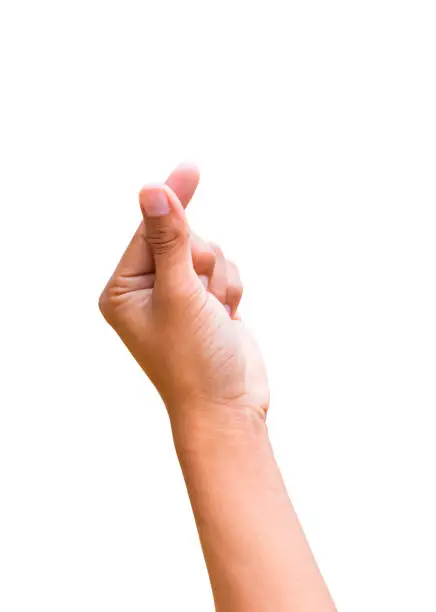 Photo of hand left to hold credit card, blank paper or other on white background