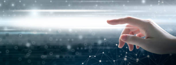 istock Young woman hand touching digital technology and network connection with copy space 1169880225