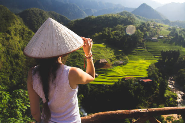 istock Brunette overlooks green rice fields during summer vacation 1169885990