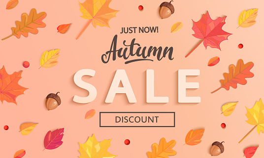 Autumn Sale banner with fall leaves, end or mid season 50 percent discount poster.Invitation for shopping, special offer card, template design for promotions. Vector illustration.