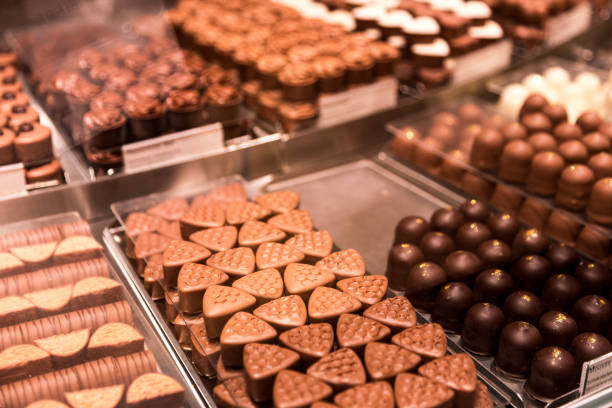 istock Selection of fresh Swiss chocolates on display in store 1169887453