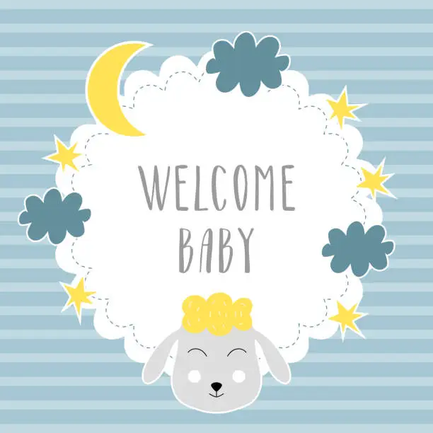 Vector illustration of Baby shower frame with cute animal, moon, clouds, stars. Vector isolated illustration. Blue, yellow, white design.