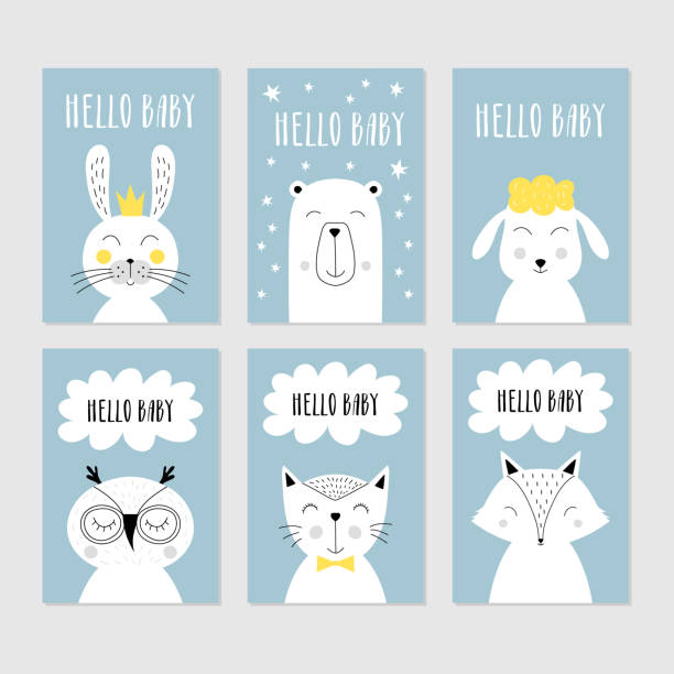 illustrations, cliparts, dessins animés et icônes de ensemble de cartes de douche de bébé avec des animaux mignons. illustration d'isolement de vecteur. - newborn animal