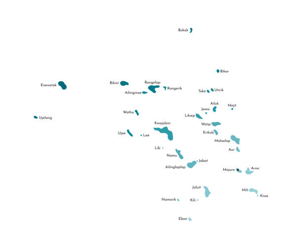 bildbanksillustrationer, clip art samt tecknat material och ikoner med vektor isolerad illustration av förenklad karta över marshall öarna med namn på öar och atoller. färgglada blå khaki silhuetter - marshallöarna
