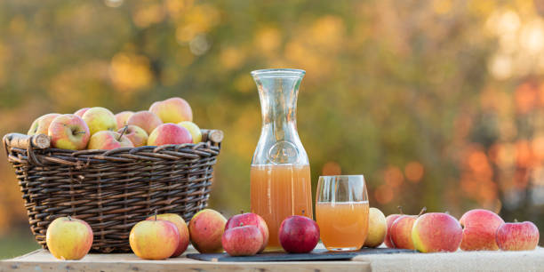 istock Fresh apple juice from apples in the fall after harvest, served on a table 1169889124