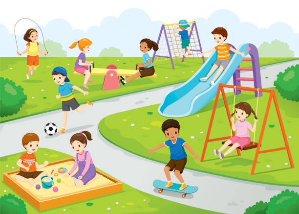 ilustrações, clipart, desenhos animados e ícones de crianças felizes que jogam alegremente no campo de jogos - childrens park