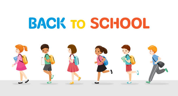 Children Running And Walking Back To School In Row Educational, Knowledge satchel bag stock illustrations