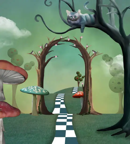 Surreal landscape with a magic passage and a cheshire cat watching the scene on a tree branch - 3D render