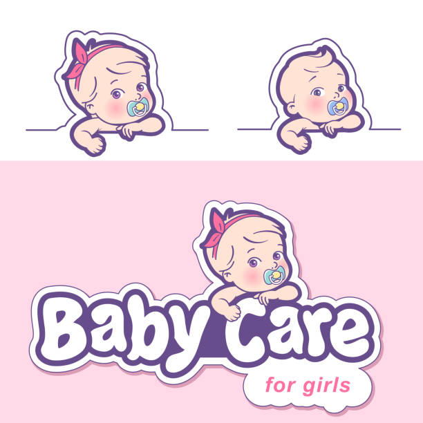 Diaper logo template. Baby in diaper emblem. Cute little boy or girl, newborn and toddler, hold text frame.  Package sample for cosmetics or food. Baby care symbol. Logotype for children shop. Product design. Color vector illustration. piccolo stock illustrations